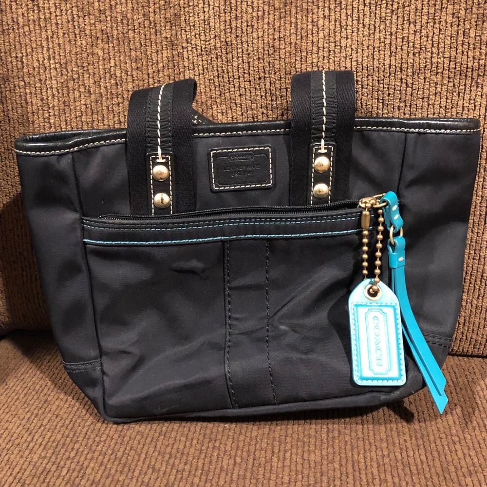 Coach Hamptons Black Nylon Tote with Teal Trim